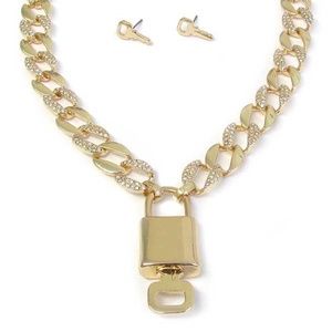 Lock & Key Cuban Crystal Gold Plated Necklace